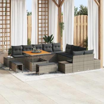 ARDEBO.de - 13-teiliges Garten Sofa Set mit Kissen Grau Poly-Rattan Akazie, 2-Sitzer Garten Sofa mit Stauraum & Kissen Grau Poly-Rattan, 3-teiliges Garten Esstisch Set mit Kissen Grau Poly-Rattan Akazie