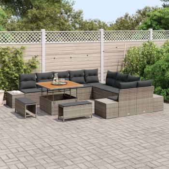 13-teiliges Garten Sofa Set mit Kissen Grau Poly-Rattan Akazie, 2-Sitzer Garten Sofa mit Stauraum & Kissen Grau Poly-Rattan, 3-teiliges Garten Esstisch Set mit Kissen Grau Poly-Rattan Akazie