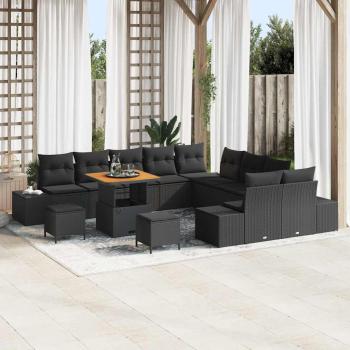 ARDEBO.de - 13-teiliges Garten-Sofa Set mit Kissen Schwarz Poly-Rattan Akazie, 2-Sitzer Garten-Sofa mit Stauraum & Kissen Schwarz Poly-Rattan, 3-teiliges Garten-Essset mit Kissen Schwarz Poly-Rattan Akazie
