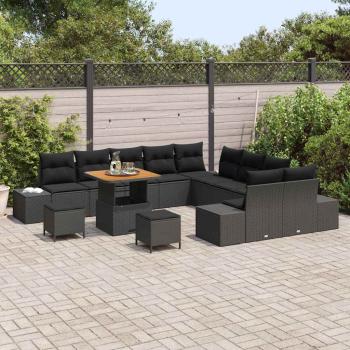 13-teiliges Garten-Sofa Set mit Kissen Schwarz Poly-Rattan Akazie, 2-Sitzer Garten-Sofa mit Stauraum & Kissen Schwarz Poly-Rattan, 3-teiliges Garten-Essset mit Kissen Schwarz Poly-Rattan Akazie