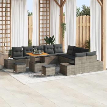 ARDEBO.de - 13-teiliges Garten Sofa Set mit Kissen Grau Poly Rattan Akazie, 2-Sitzer Garten Sofa mit Stauraum & Kissen Grau Poly Rattan, 3-teiliges Garten Essmöbel Set mit Kissen Grau Poly Rattan Akazie