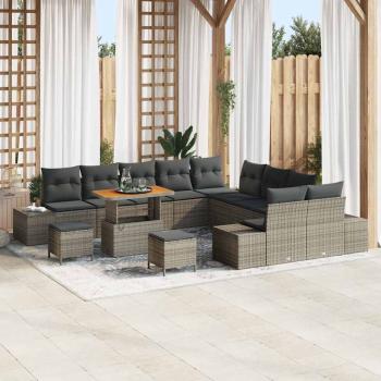 ARDEBO.de - 13-teiliges Garten-Sofa-Set mit Kissen Grau Poly Rattan Akazie, 2-Sitzer Garten-Sofa mit Stauraum und Kissen Grau Poly Rattan, 3-teiliges Garten-Dining-Set mit Kissen Grau Poly Rattan Akazie