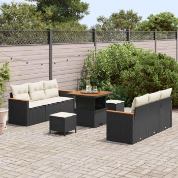 9-teiliges Garten Sofa Set mit Kissen in Schwarz aus Poly Rattan, 3-teiliges Garten Esstisch Set mit Kissen in Schwarz aus Poly Rattan