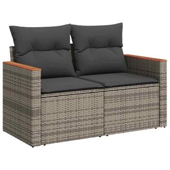 9-teiliges Garten-Sofa-Set mit Kissen Grau Poly-Rattan Akazie, 3-teiliges Garten-Dining-Set mit Kissen Grau Poly-Rattan Akazie