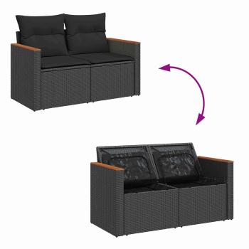 9-teiliges Garten Sofa Set mit Kissen Schwarz Poly-Rattan Akazie, 3-teiliges Garten Esszimmer Set mit Kissen Schwarz Poly-Rattan Akazie