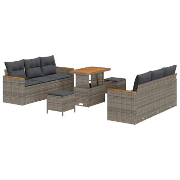 9-teiliges Garten Sofa Set mit Kissen Grau Poly Rattan Akazie, 3-teiliges Garten Essenset mit Kissen Grau Poly Rattan Akazie