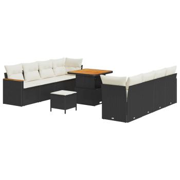 11-teiliges Garten-Sofa-Set mit Kissen Schwarz Poly Rattan Akazie, 3-teiliges Garten-Ess-Set mit Kissen Schwarz Poly Rattan Akazie