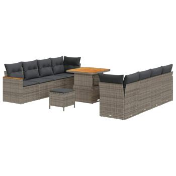 11-teiliges Garten-Sofa-Set mit Kissen Grau Poly Rattan Akazie, 3-teiliges Garten-Ess-Set mit Kissen Grau Poly Rattan Akazie