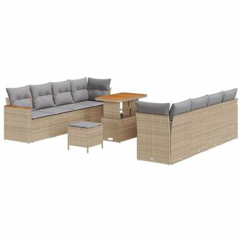 11-teiliges Garten Sofa Set mit Kissen Beige Poly-Rattan Akazie, 3-teiliges Garten Esszimmer Set mit Kissen Beige Poly-Rattan Akazie