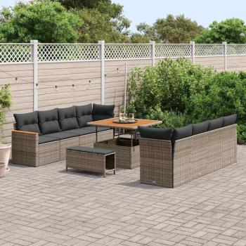 11-teiliges Garten Sofa Set mit Kissen Grau Poly Rattan Akazie, 3-teiliges Garten Essset mit Kissen Grau Poly Rattan Akazie