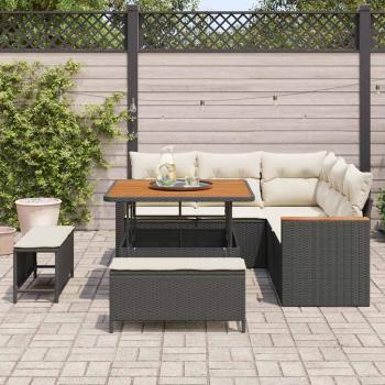 8-teiliges Garten Sofaset mit Kissen Schwarz Poly-Rattan Akazie, 3-teiliges Garten Essgruppe mit Kissen Schwarz Poly-Rattan Akazie