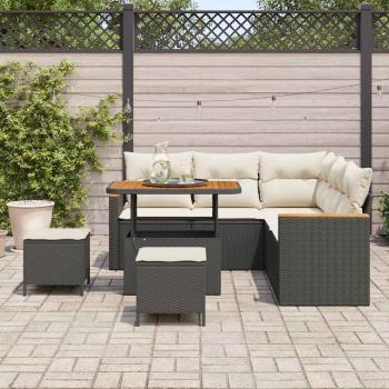 8-teiliges Garten-Sofaset mit Kissen Schwarz Poly-Rattan Akazie, 3-teiliges Garten-Ess-Set mit Kissen Schwarz Poly-Rattan Akazie