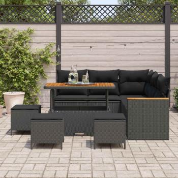 9-teilige Garten-Sofagarnitur mit Kissen schwarzes Poly-Rattan Akazie, 4-teilige Garten-Essgruppe mit Kissen schwarzes Poly-Rattan Akazie