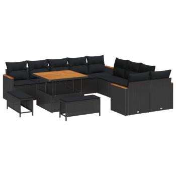 13-teiliges Garten Sofa Set mit Kissen Schwarz Poly Rattan Akazie, 3-teiliges Garten Essset mit Kissen Schwarz Poly Rattan Akazie