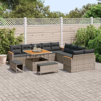 13-teiliges Garten Sofa Set mit Kissen Grau Poly Rattan Akazie, 3-teiliges Garten Essset mit Kissen Grau Poly Rattan Akazie