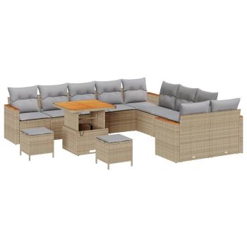 13-teiliges Garten-Sofa-Set mit Kissen Beige Poly-Rattan Akazie, 3-teiliges Garten-Esszimmer-Set mit Kissen Beige Poly-Rattan Akazie
