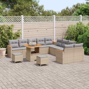 13-teiliges Garten-Sofa-Set mit Kissen Beige Poly-Rattan Akazie, 3-teiliges Garten-Esszimmer-Set mit Kissen Beige Poly-Rattan Akazie