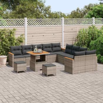 ARDEBO.de - 13-teiliges Garten-Sofa-Set mit Kissen Grau Poly Rattan Akazie, 3-teiliges Garten-Essset mit Kissen Grau Poly Rattan Akazie