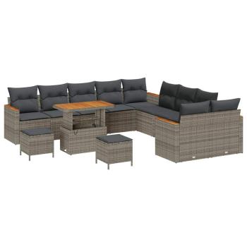 ARDEBO.de - 13-teiliges Garten-Sofa-Set mit Kissen Grau Poly Rattan Akazie, 3-teiliges Garten-Esszimmer-Set mit Kissen Grau Poly Rattan Akazie