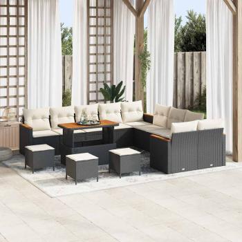 ARDEBO.de - 14-teiliges Garten-Sofa-Set mit Kissen Schwarz Poly Rattan Akazie, 4-teiliges Garten-Esszimmer-Set mit Kissen Schwarz Poly Rattan Akazie