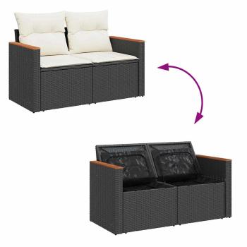 14-teiliges Garten-Sofa-Set mit Kissen Schwarz Poly Rattan Akazie, 4-teiliges Garten-Esszimmer-Set mit Kissen Schwarz Poly Rattan Akazie