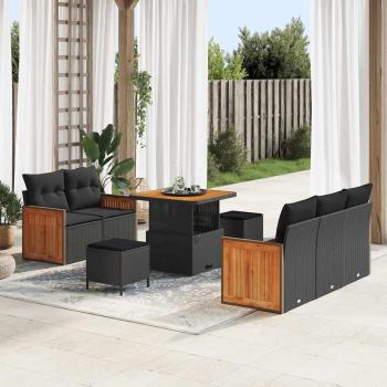 ARDEBO.de - 8-teiliges Garten Sofa Set mit Kissen Schwarz Poly Rattan Akazie, 3-teiliges Garten Ess Set mit Kissen Schwarz Poly Rattan Akazie