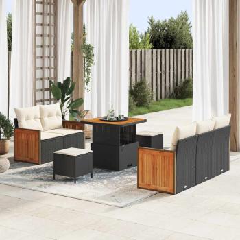 ARDEBO.de - 8-teiliges Garten Sofa Set mit Kissen Schwarz Poly Rattan Akazie, 3-teiliges Garten Essensemble mit Kissen Schwarz Poly Rattan Akazie