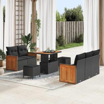 ARDEBO.de - 8-teiliges Garten Sofa Set mit Kissen Schwarz Poly Rattan Akazie, 3-teiliges Garten Essset mit Kissen Schwarz Poly Rattan Akazie