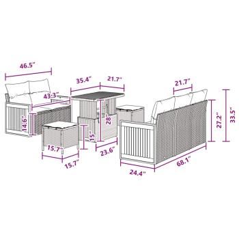 8-teiliges Garten Sofa Set mit Kissen Schwarz Poly Rattan Akazie, 3-teiliges Garten Essset mit Kissen Schwarz Poly Rattan Akazie