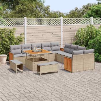13-teiliges Garten Sofaset mit Kissen Beige Poly-Rattan Akazie, 3-teiliges Garten Essset mit Kissen Beige Poly-Rattan Akazie