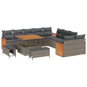 13-teilige Garten Sofa Set mit Kissen Grau Poly-Rattan Akazie, 3-teiliges Garten Esstisch Set mit Kissen Grau Poly-Rattan Akazie