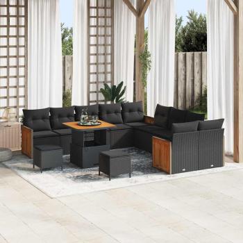 ARDEBO.de - 13-teiliges Garten-Sofa-Set mit Kissen Schwarz Poly-Rattan Akazie, 3-teiliges Garten-Esszimmer-Set mit Kissen Schwarz Poly-Rattan Akazie