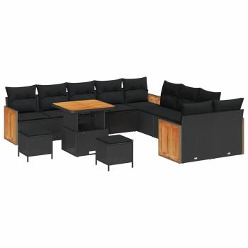 13-teiliges Garten-Sofa-Set mit Kissen Schwarz Poly-Rattan Akazie, 3-teiliges Garten-Esszimmer-Set mit Kissen Schwarz Poly-Rattan Akazie