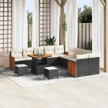ARDEBO.de - 13-teilige Garten-Sofa-Set mit Kissen Schwarz Poly-Rattan Akazie, 3-teiliges Garten-Essbereich-Set mit Kissen Schwarz Poly-Rattan Akazie