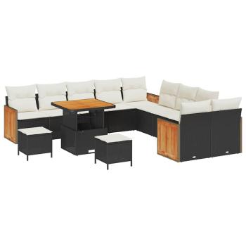 13-teilige Garten-Sofa-Set mit Kissen Schwarz Poly-Rattan Akazie, 3-teiliges Garten-Essbereich-Set mit Kissen Schwarz Poly-Rattan Akazie
