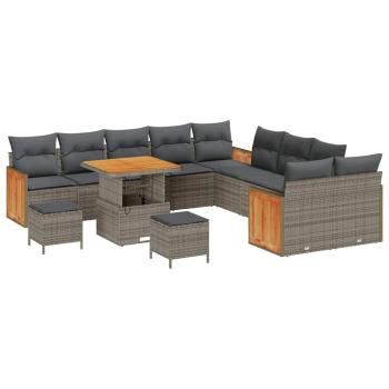 ARDEBO.de - 13-teiliges Garten Sofa Set mit Kissen Grau Poly Rattan Akazie, 3-teiliges Garten Esstisch Set mit Kissen Grau Poly Rattan Akazie