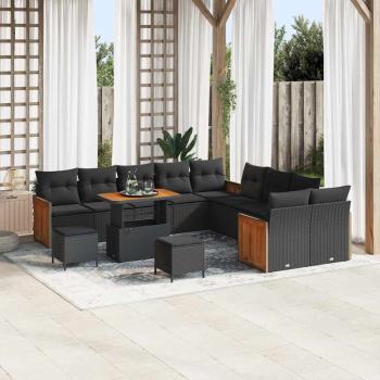 ARDEBO.de - 13-teilige Garten Sofa Set mit Kissen Schwarz Poly Rattan Akazie, 3-teilige Garten Essgruppe mit Kissen Schwarz Poly Rattan Akazie