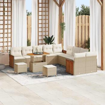 ARDEBO.de - 13-teilige Garten Sofa Set mit Kissen Beige Poly Rattan Akazie, 3-teiliges Garten Essset mit Kissen Beige Poly Rattan Akazie
