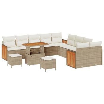 13-teilige Garten Sofa Set mit Kissen Beige Poly Rattan Akazie, 3-teiliges Garten Essset mit Kissen Beige Poly Rattan Akazie