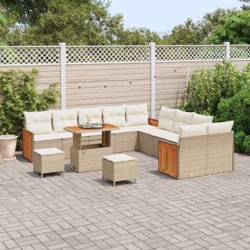 13-teilige Garten Sofa Set mit Kissen Beige Poly Rattan Akazie, 3-teiliges Garten Essset mit Kissen Beige Poly Rattan Akazie
