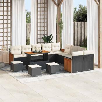 ARDEBO.de - 14-teiliges Garten-Sofa-Set mit Kissen Schwarz Poly-Rattan Akazie, 4-teiliges Garten-Ess-Set mit Kissen Schwarz Poly-Rattan Akazie
