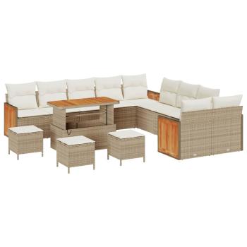 14-teilige Garten Sofa Set mit Kissen Beige Poly Rattan Akazie, 4-teiliges Garten Dining Set mit Kissen Beige Poly Rattan Akazie