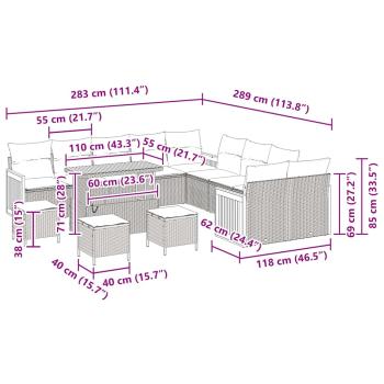 14-teilige Garten-Sofaset mit Kissen Beige Poly Rattan Akazie, 4-teiliges Garten-Ess-Set mit Kissen Beige Poly Rattan Akazie
