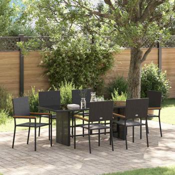 ARDEBO.de - 7-teiliges Garten-Ess-Set Schwarzes Poly-Rattan, Stapelbare Gartenstühle mit Kissen - 2er Set in Schwarzem Poly-Rattan