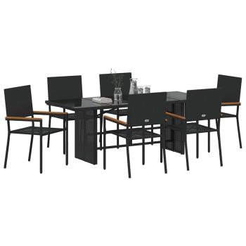 7-teiliges Garten-Ess-Set Schwarzes Poly-Rattan, Stapelbare Gartenstühle mit Kissen - 2er Set in Schwarzem Poly-Rattan