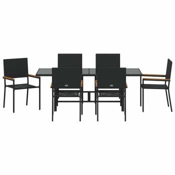 7-teiliges Garten-Ess-Set Schwarzes Poly-Rattan, Stapelbare Gartenstühle mit Kissen - 2er Set in Schwarzem Poly-Rattan