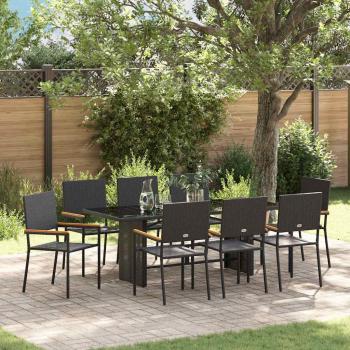 ARDEBO.de - 9-teiliges Garten Esstisch Set Schwarz Poly Rattan, Stapelbare Gartenstühle mit Kissen - 2-teiliges Set aus schwarzem Poly Rattan