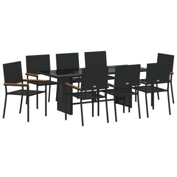 9-teiliges Garten Esstisch Set Schwarz Poly Rattan, Stapelbare Gartenstühle mit Kissen - 2-teiliges Set aus schwarzem Poly Rattan