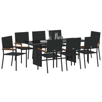 9-teiliges Garten Esstisch Set Schwarz Poly Rattan, Stapelbare Gartenstühle mit Kissen - 2-teiliges Set aus schwarzem Poly Rattan