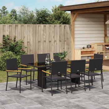 9-teiliges Garten Esstisch Set Schwarz Poly Rattan, Stapelbare Gartenstühle mit Kissen - 2-teiliges Set aus schwarzem Poly Rattan